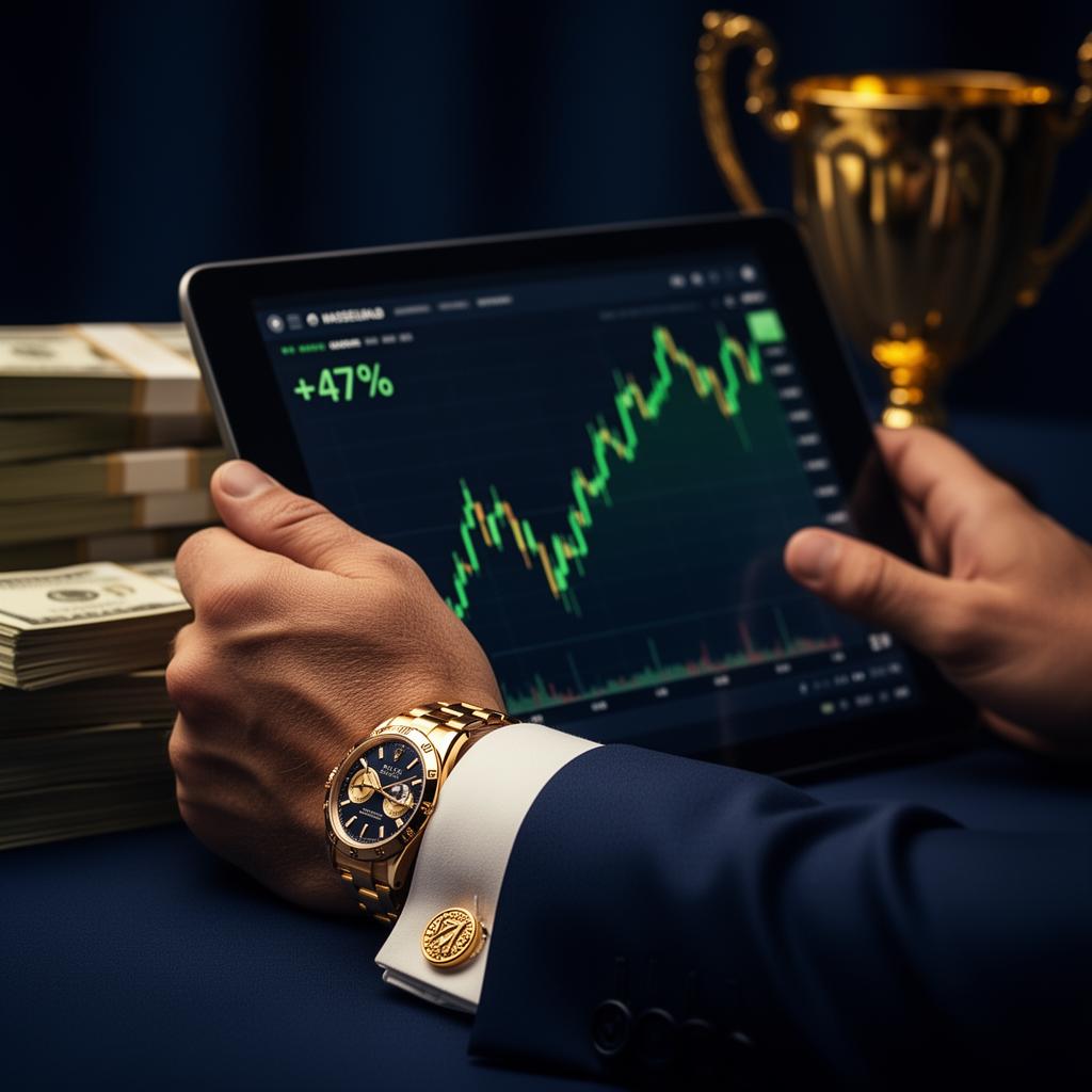 Champion trader with trophy and gains